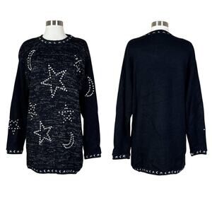 Vintage | 90s Moon Stars Rhinestone Sparkle Black Silver Pullover Sweater Small